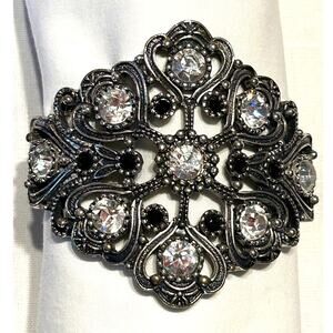 Statement Filigree Bracelet Clear and Black Stones on Silver Tone Hinged Clamper